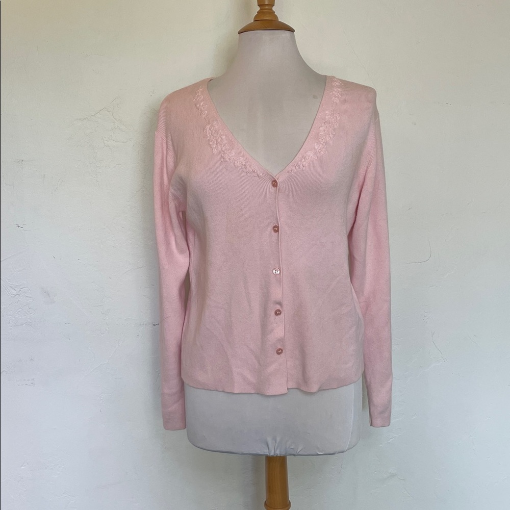 Vintage Crystal-Kobe Soft Pink V-Neck Long Sleeve Cardigan Sweater SzL